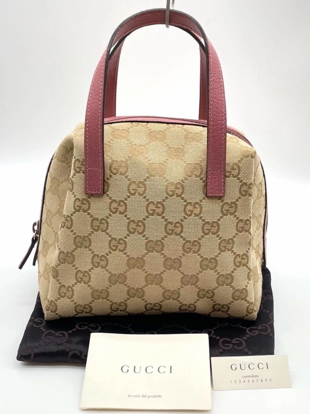 Gucci Beige GG Canvas Satchel with Pink Leather Handles